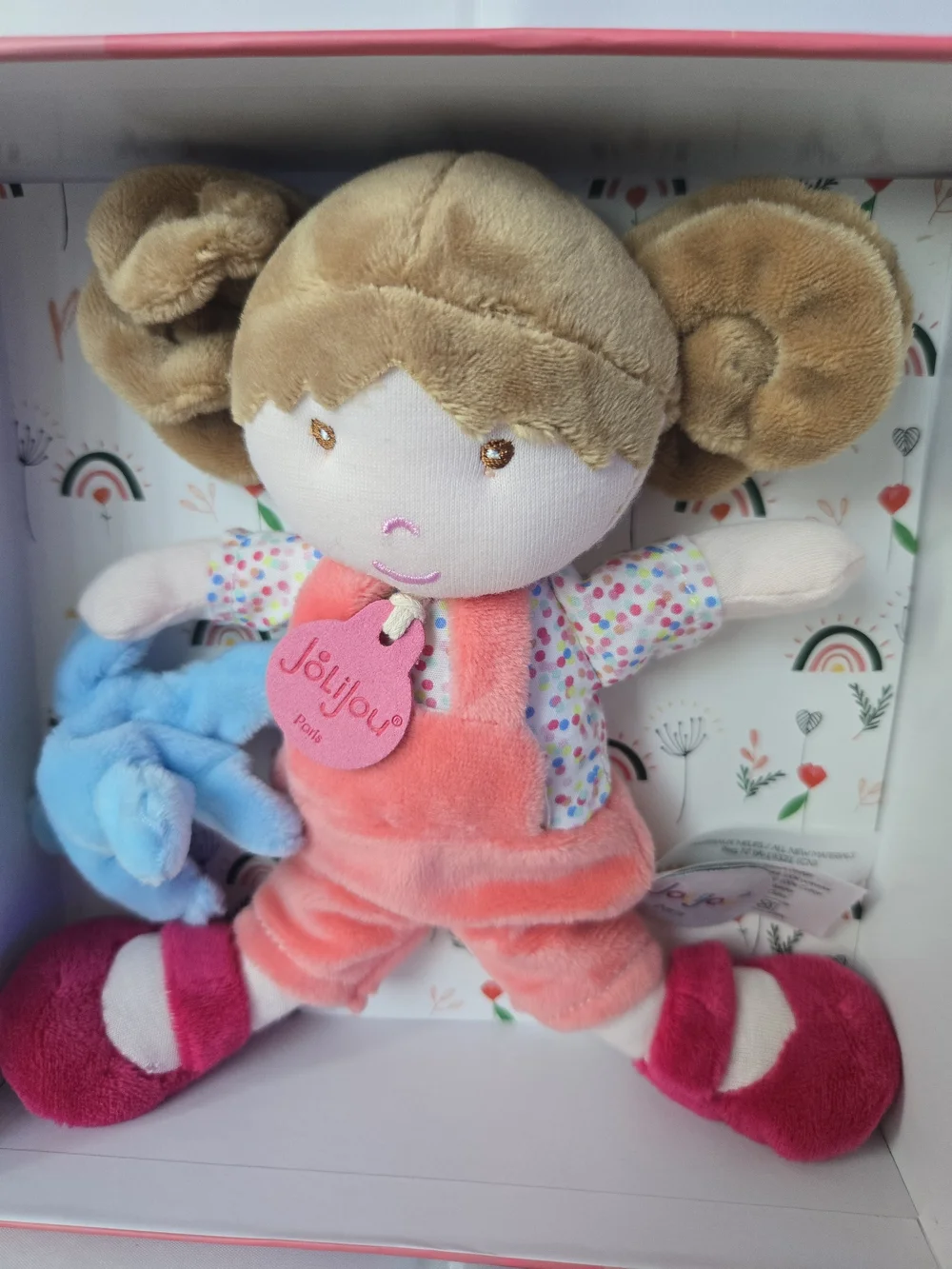 Jolilou Pink Plush Doll with Blue Bunny Accessory